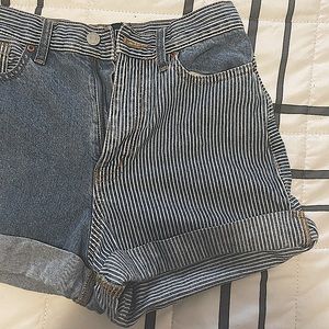 BDG split Jean shorts. Half pin stripe and half blue Jean.